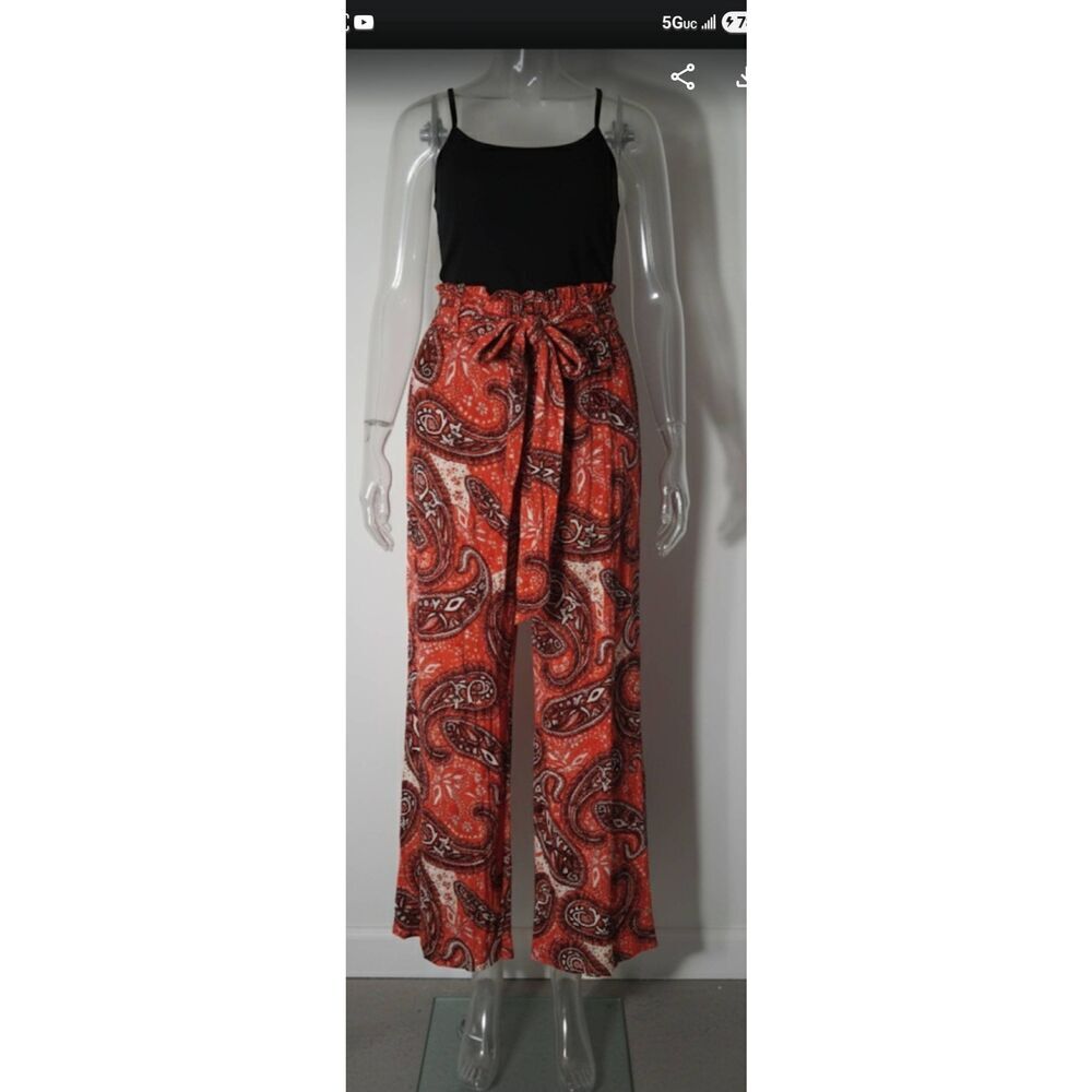 Free People womens small wide leg burnt rust orange paisley pants Hi Rise